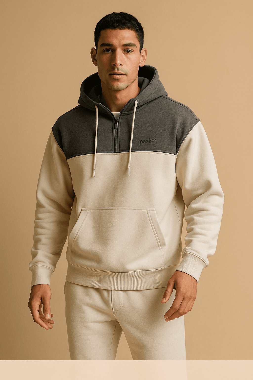 Color-Block Half-Zip Hoodie — bone
